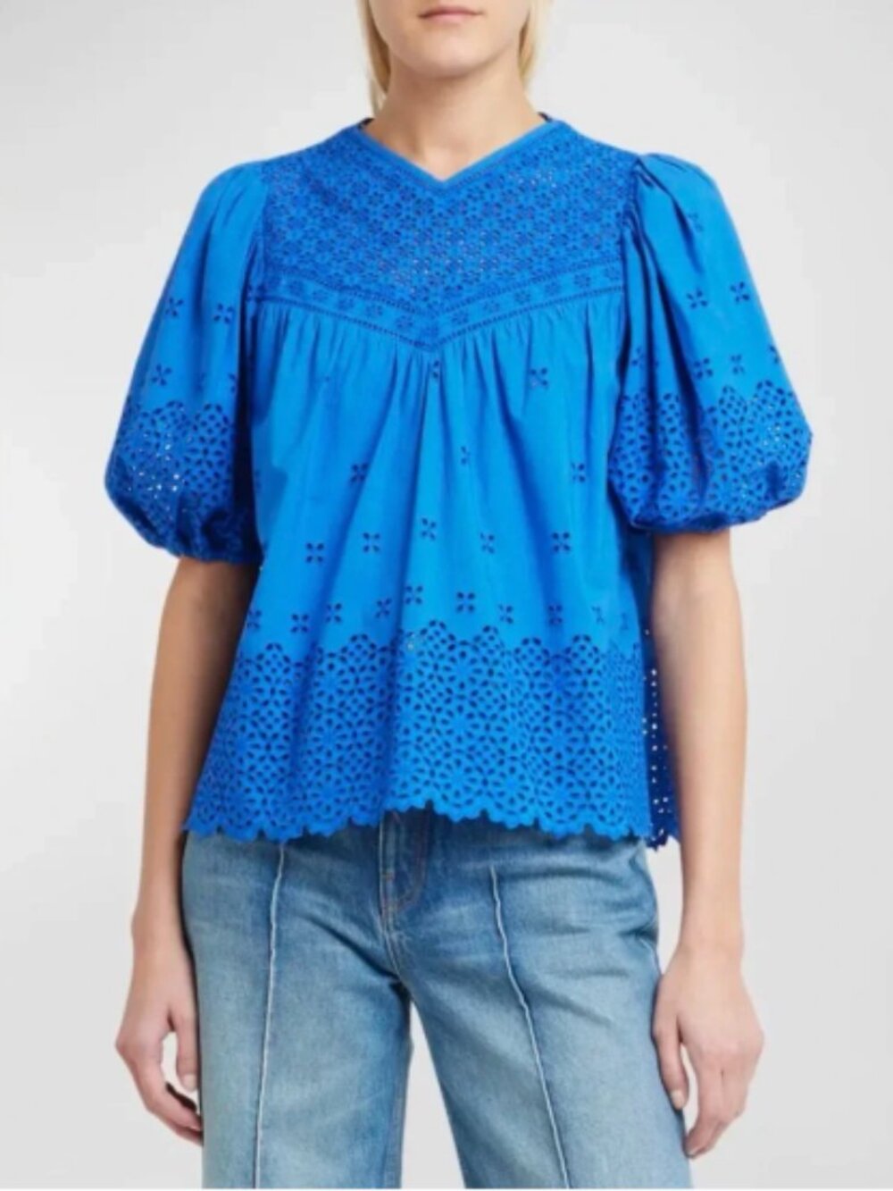 ULLA JOHNSON Women’s Aviana Broderie Anglaise Balloon Sleeve Cobalt Top- 8